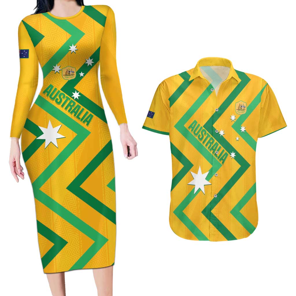 Custom Australia Socceroos Football Couples Matching Long Sleeve Bodycon Dress and Hawaiian Shirt 2025 Sporty Version