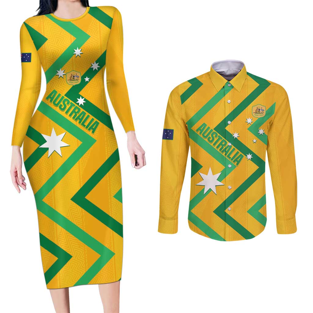 Custom Australia Socceroos Football Couples Matching Long Sleeve Bodycon Dress and Long Sleeve Button Shirt 2025 Sporty Version