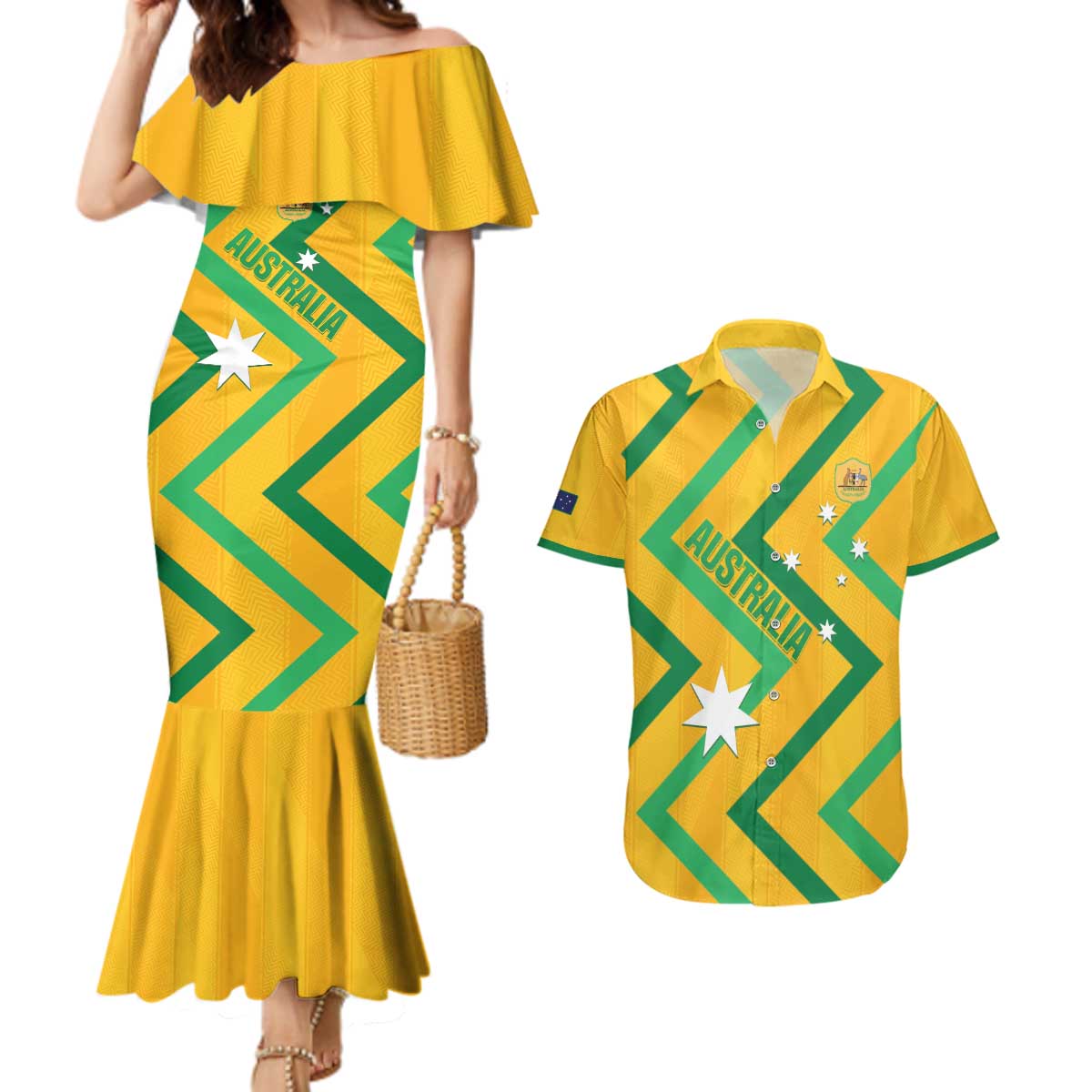 Custom Australia Socceroos Football Couples Matching Mermaid Dress and Hawaiian Shirt 2025 Sporty Version