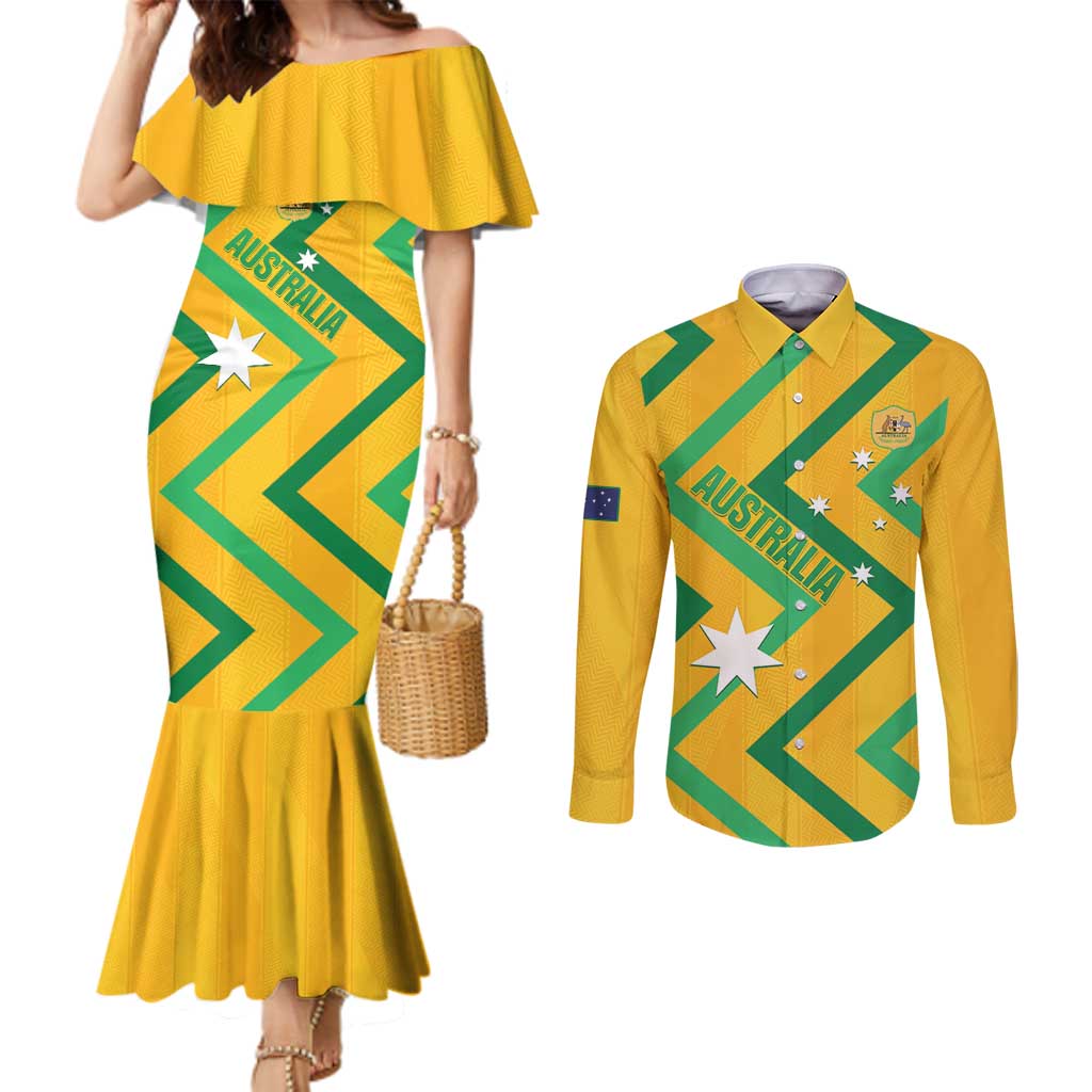 Custom Australia Socceroos Football Couples Matching Mermaid Dress and Long Sleeve Button Shirt 2025 Sporty Version