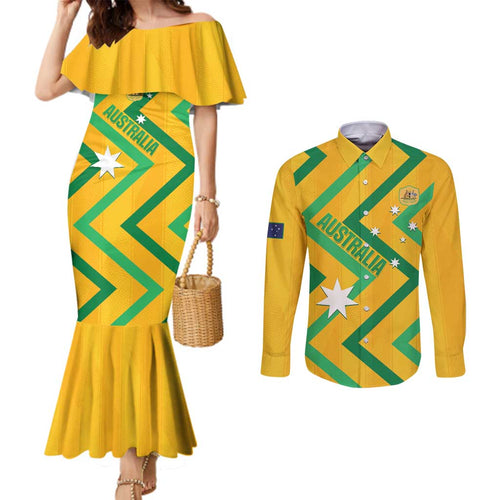 Custom Australia Socceroos Football Couples Matching Mermaid Dress and Long Sleeve Button Shirt 2025 Sporty Version