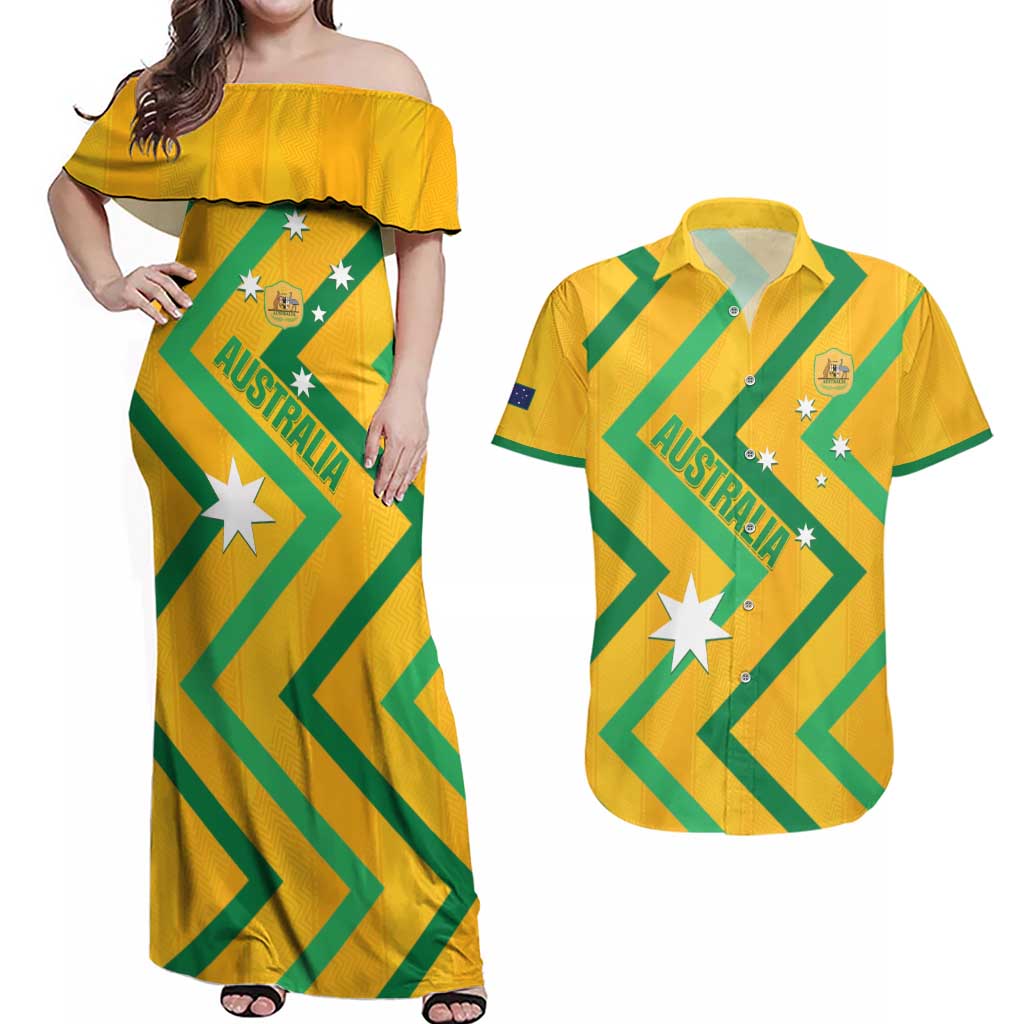 Custom Australia Socceroos Football Couples Matching Off Shoulder Maxi Dress and Hawaiian Shirt 2025 Sporty Version