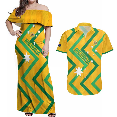 Custom Australia Socceroos Football Couples Matching Off Shoulder Maxi Dress and Hawaiian Shirt 2025 Sporty Version