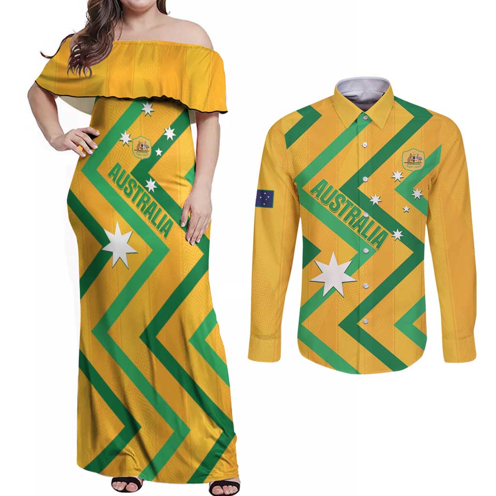 Custom Australia Socceroos Football Couples Matching Off Shoulder Maxi Dress and Long Sleeve Button Shirt 2025 Sporty Version