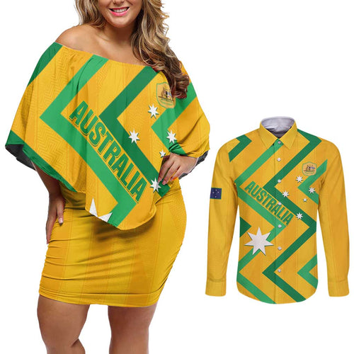 Custom Australia Socceroos Football Couples Matching Off Shoulder Short Dress and Long Sleeve Button Shirt 2025 Sporty Version