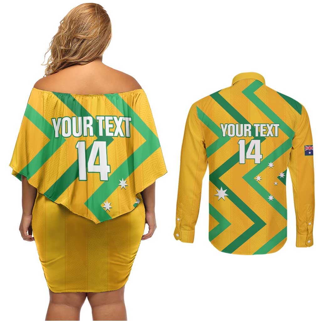 Custom Australia Socceroos Football Couples Matching Off Shoulder Short Dress and Long Sleeve Button Shirt 2025 Sporty Version