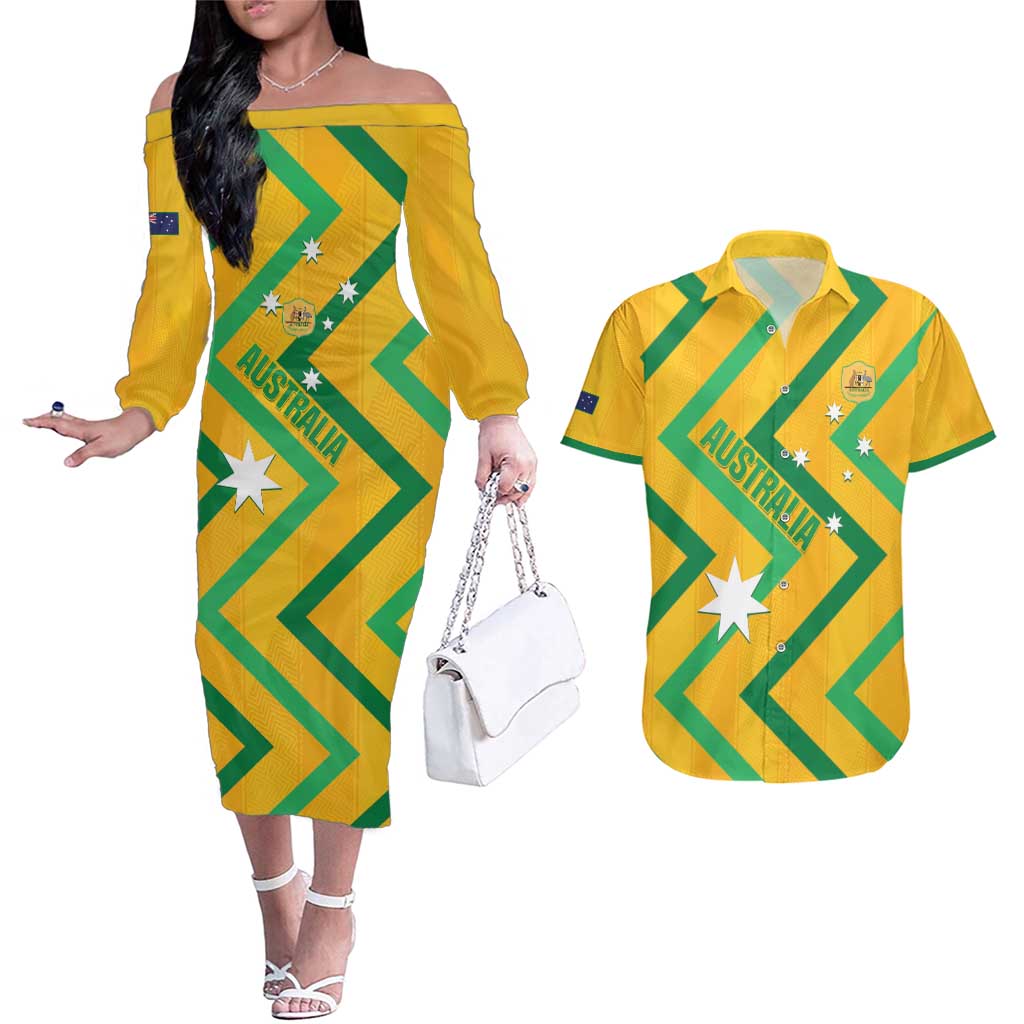 Custom Australia Socceroos Football Couples Matching Off The Shoulder Long Sleeve Dress and Hawaiian Shirt 2025 Sporty Version