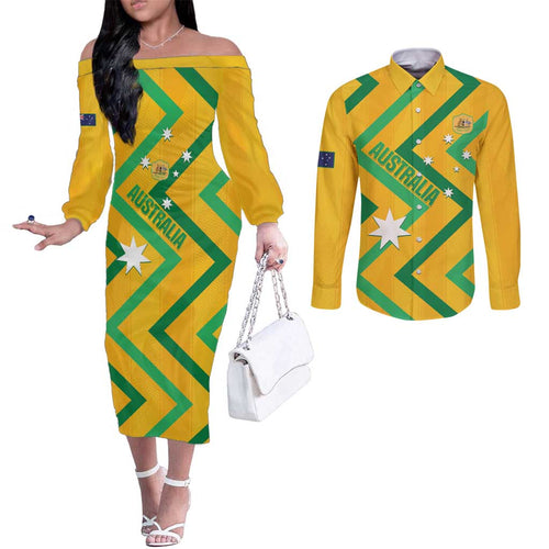 Custom Australia Socceroos Football Couples Matching Off The Shoulder Long Sleeve Dress and Long Sleeve Button Shirt 2025 Sporty Version