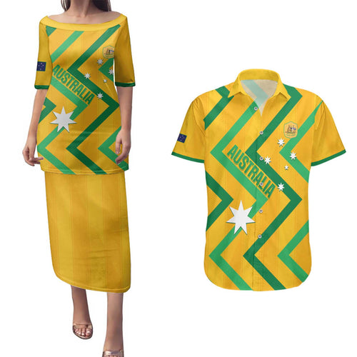 Custom Australia Socceroos Football Couples Matching Puletasi and Hawaiian Shirt 2025 Sporty Version