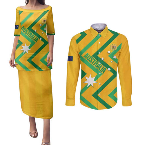 Custom Australia Socceroos Football Couples Matching Puletasi and Long Sleeve Button Shirt 2025 Sporty Version