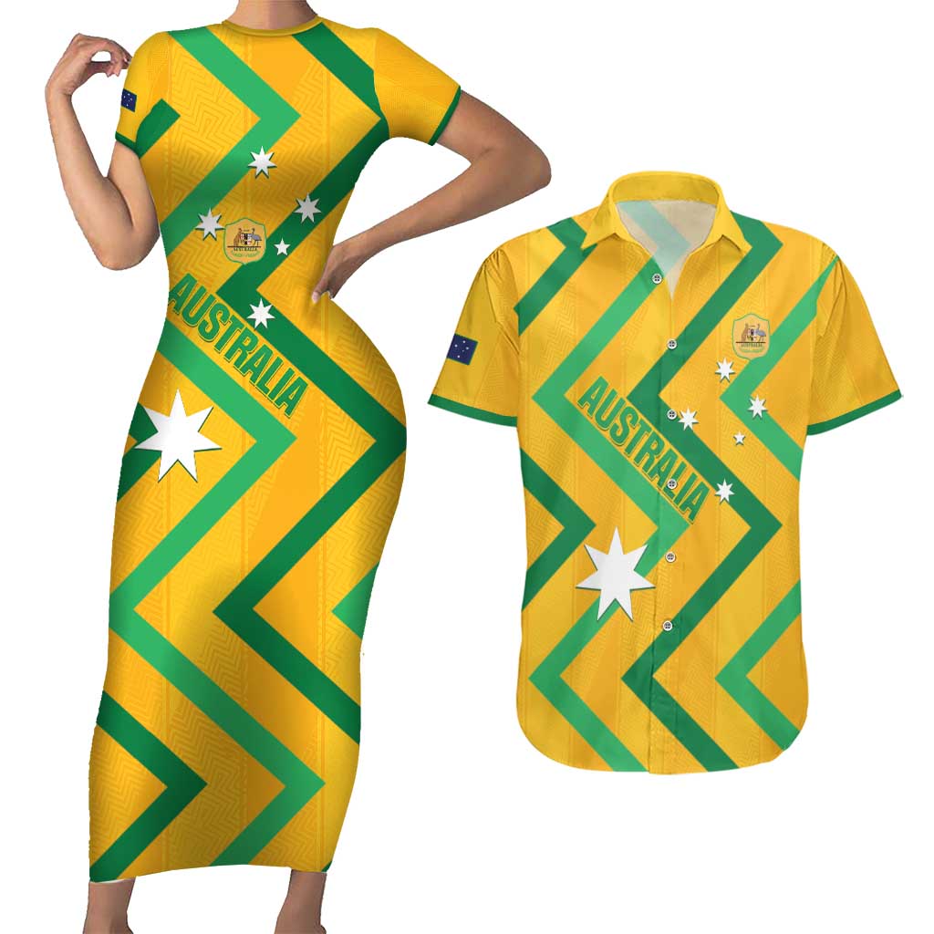 Custom Australia Socceroos Football Couples Matching Short Sleeve Bodycon Dress and Hawaiian Shirt 2025 Sporty Version