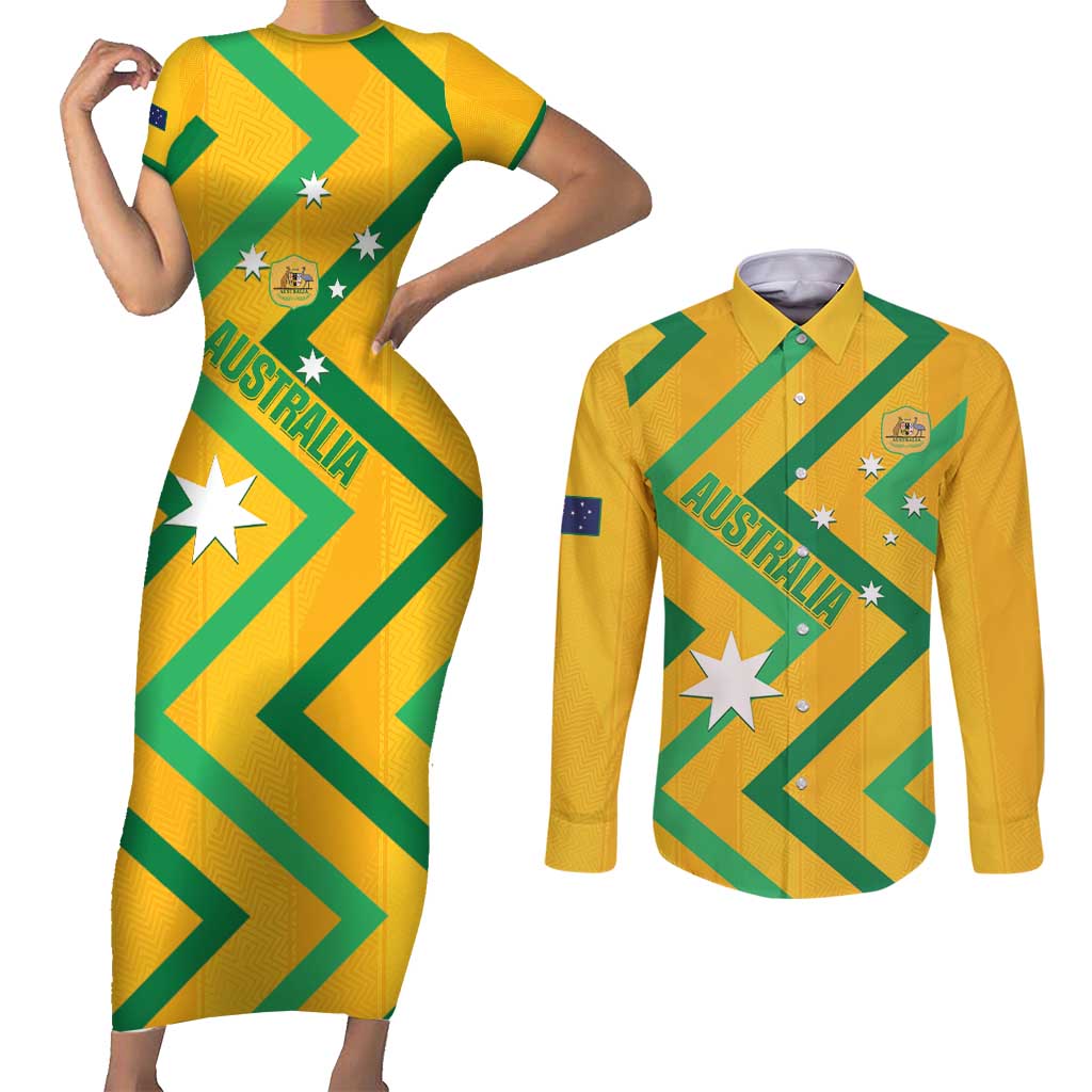 Custom Australia Socceroos Football Couples Matching Short Sleeve Bodycon Dress and Long Sleeve Button Shirt 2025 Sporty Version