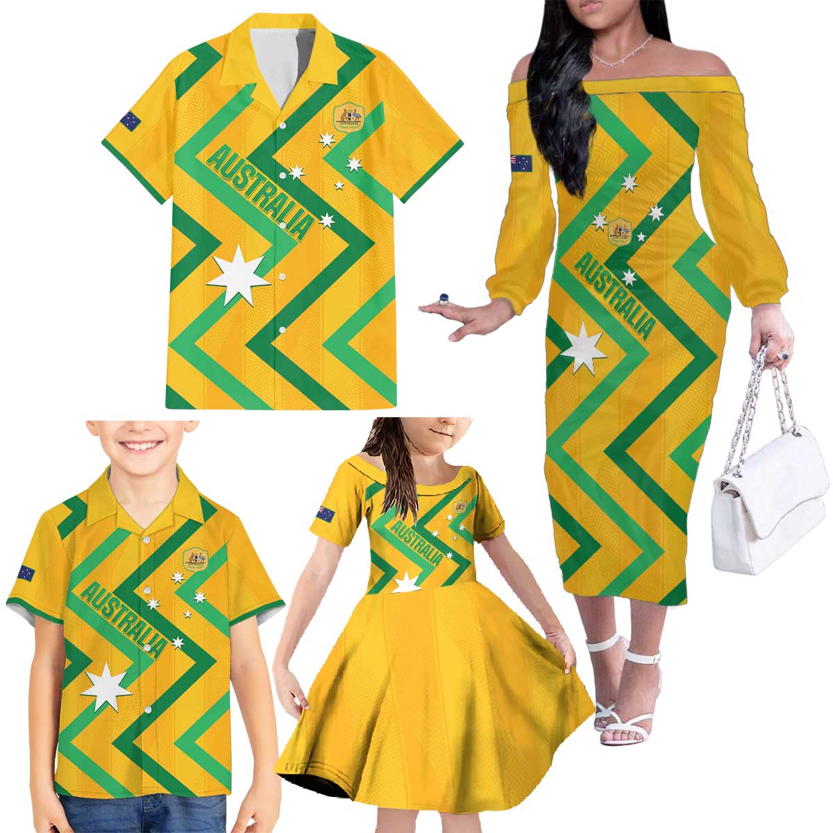 Custom Australia Socceroos Football Family Matching Off The Shoulder Long Sleeve Dress and Hawaiian Shirt 2025 Sporty Version