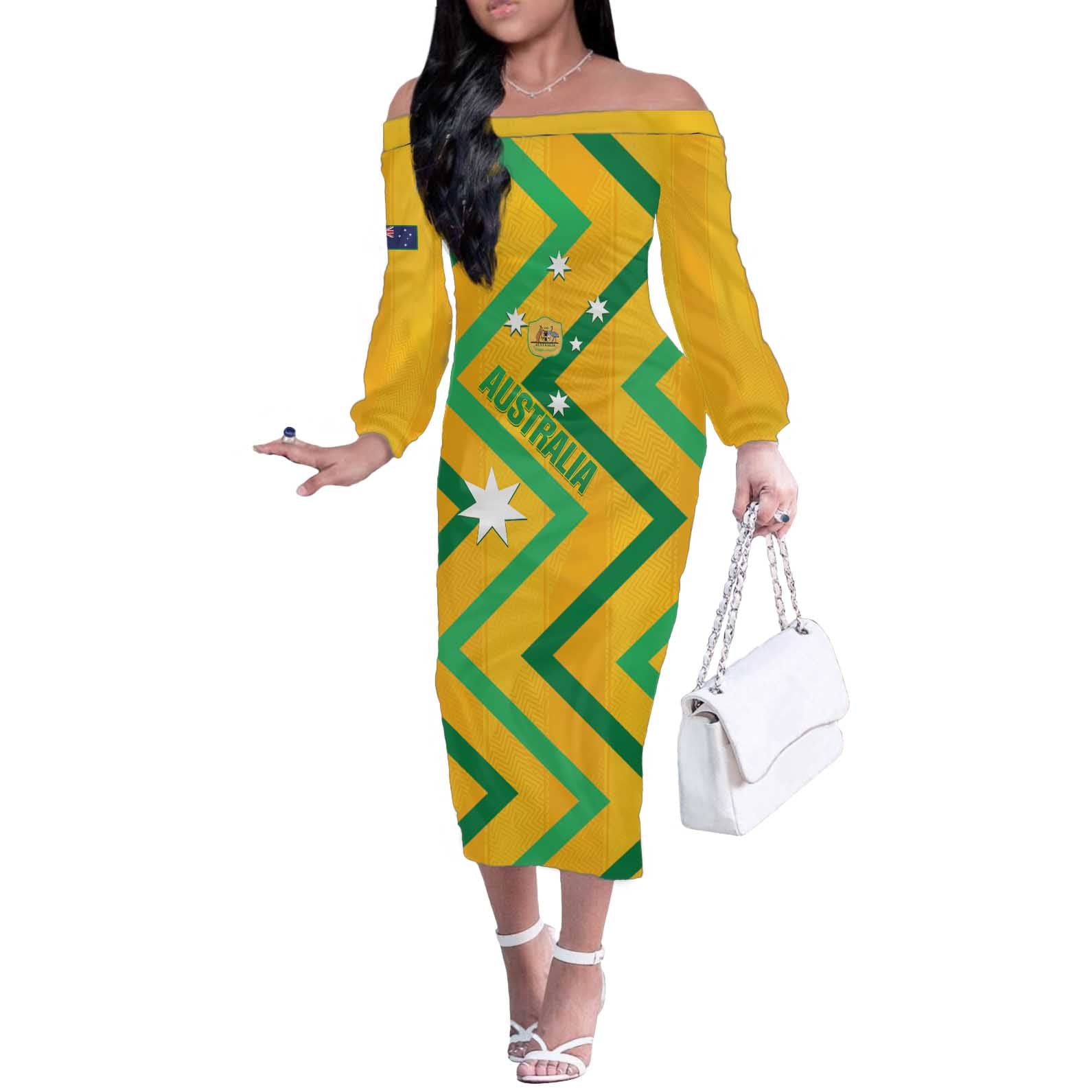 Custom Australia Socceroos Football Off The Shoulder Long Sleeve Dress 2025 Sporty Version