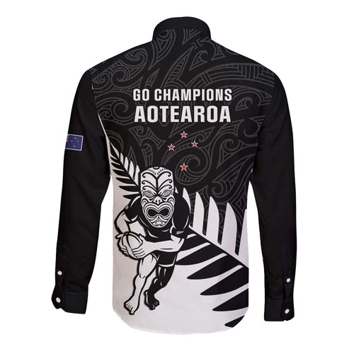 New Zealand Silver Fern Rugby Long Sleeve Button Shirt All Black Go Champions Maori Pattern LT14