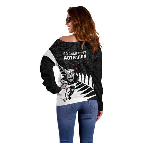 New Zealand Silver Fern Rugby Off Shoulder Sweater All Black Go Champions Maori Pattern LT14