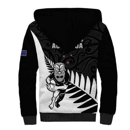 New Zealand Silver Fern Rugby Sherpa Hoodie All Black Go Champions Maori Pattern LT14