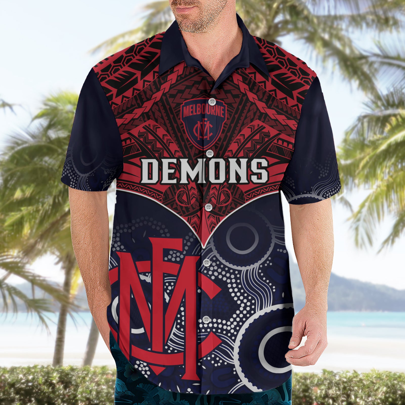 Melbourne Football Hawaiian Shirt Go Demons Aboriginal Mix Polynesian Pattern LT14