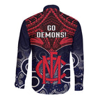 Melbourne Football Long Sleeve Button Shirt Go Demons Aboriginal Mix Polynesian Pattern LT14
