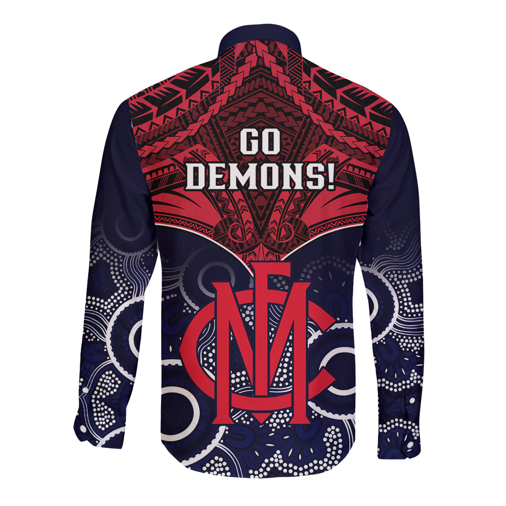 Melbourne Football Long Sleeve Button Shirt Go Demons Aboriginal Mix Polynesian Pattern LT14