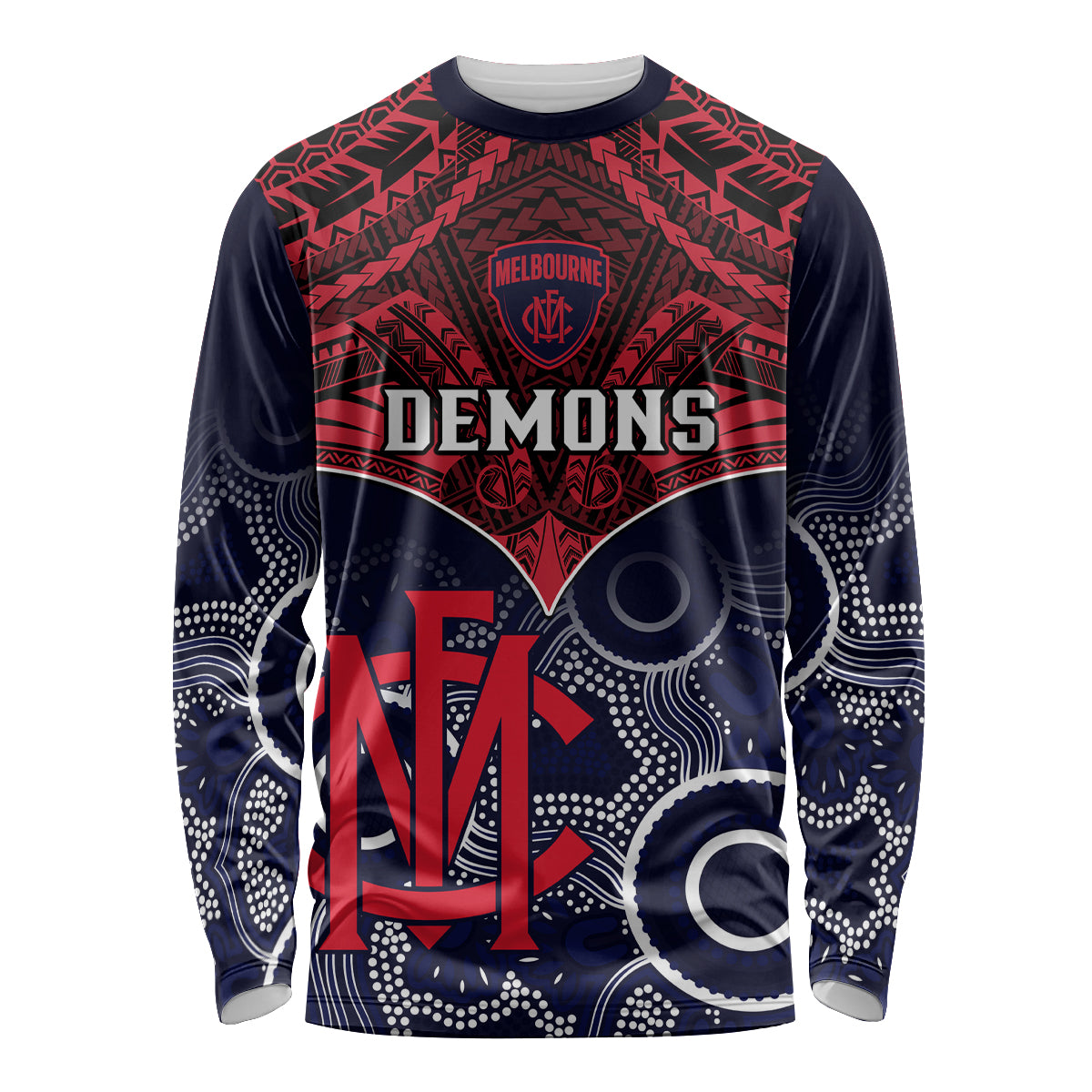 Melbourne Football Long Sleeve Shirt Go Demons Aboriginal Mix Polynesian Pattern LT14