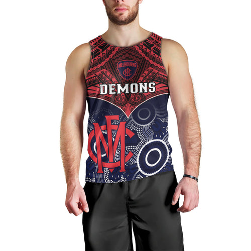Melbourne Football Men Tank Top Go Demons Aboriginal Mix Polynesian Pattern LT14