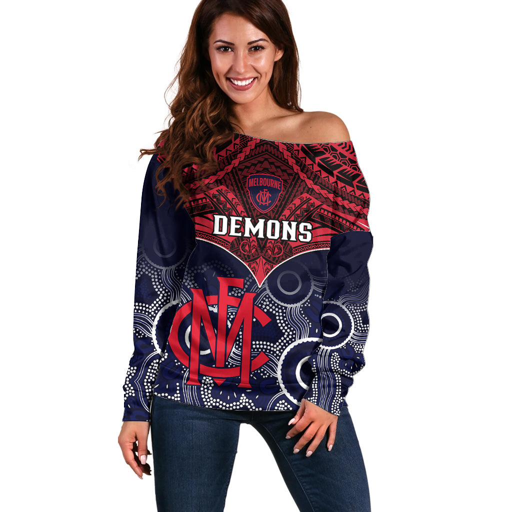 Melbourne Football Off Shoulder Sweater Go Demons Aboriginal Mix Polynesian Pattern LT14