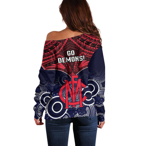 Melbourne Football Off Shoulder Sweater Go Demons Aboriginal Mix Polynesian Pattern LT14