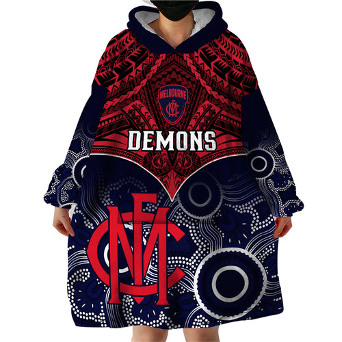 Melbourne Football Wearable Blanket Hoodie Go Demons Aboriginal Mix Polynesian Pattern LT14