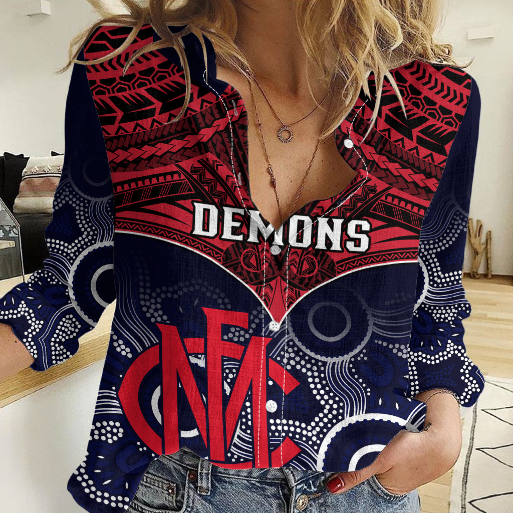 Melbourne Football Women Casual Shirt Go Demons Aboriginal Mix Polynesian Pattern LT14
