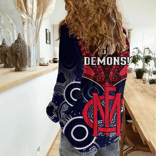 Melbourne Football Women Casual Shirt Go Demons Aboriginal Mix Polynesian Pattern LT14