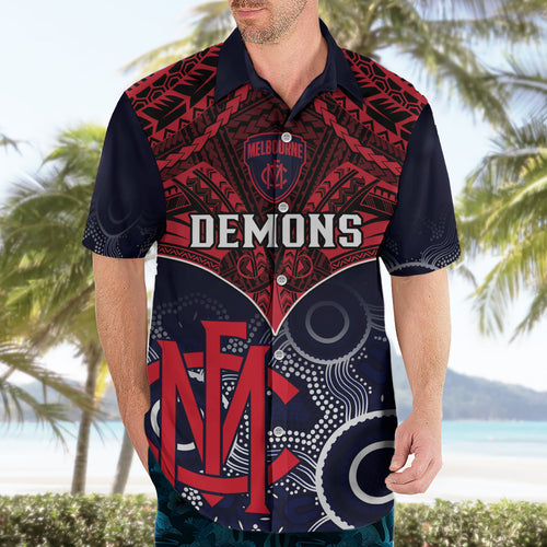 Personalised Melbourne Football Hawaiian Shirt Go Demons Aboriginal Mix Polynesian Pattern LT14