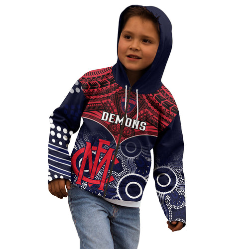 Personalised Melbourne Football Kid Hoodie Go Demons Aboriginal Mix Polynesian Pattern LT14