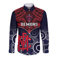 Personalised Melbourne Football Long Sleeve Button Shirt Go Demons Aboriginal Mix Polynesian Pattern LT14