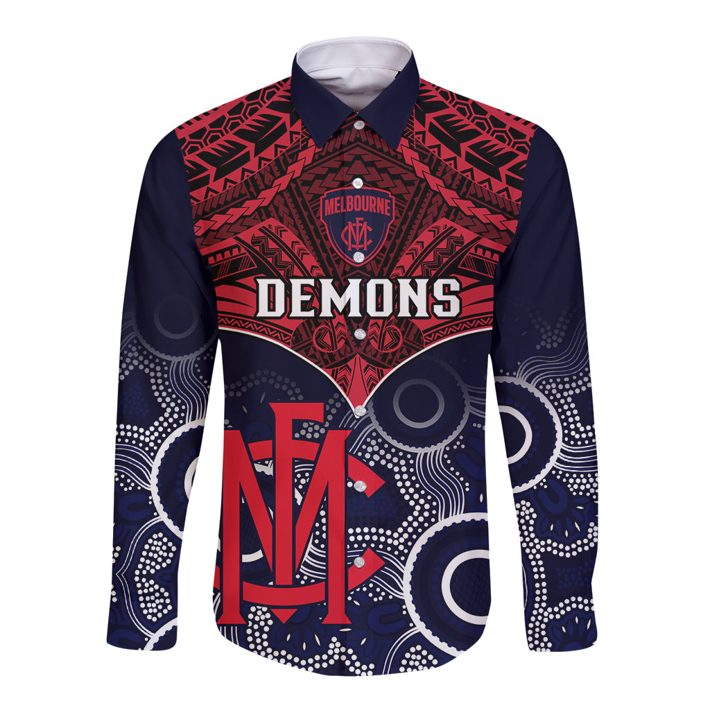 Personalised Melbourne Football Long Sleeve Button Shirt Go Demons Aboriginal Mix Polynesian Pattern LT14
