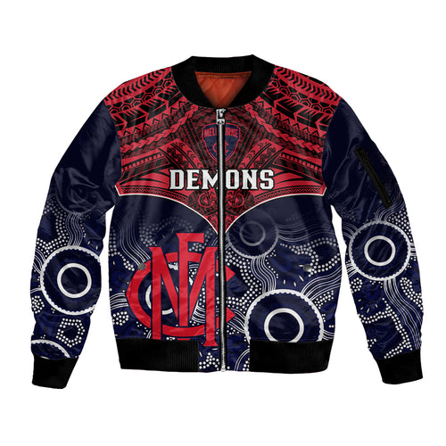 Personalised Melbourne Football Sleeve Zip Bomber Jacket Go Demons Aboriginal Mix Polynesian Pattern LT14