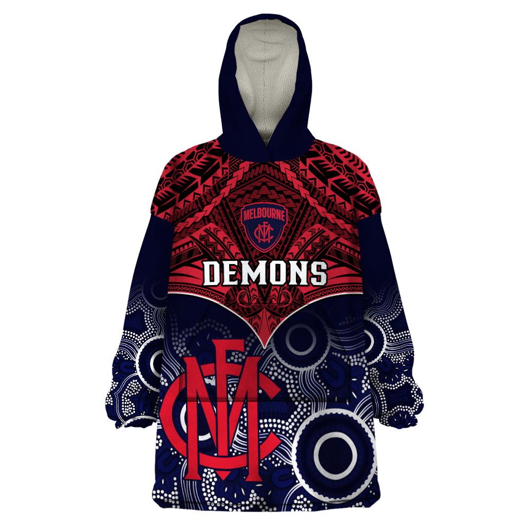 Personalised Melbourne Football Wearable Blanket Hoodie Go Demons Aboriginal Mix Polynesian Pattern LT14