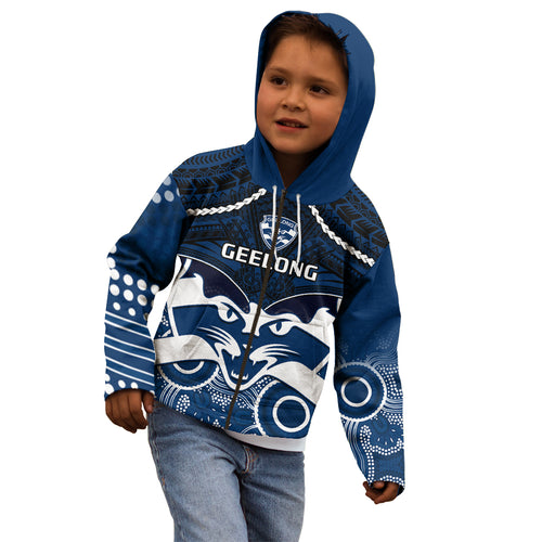 Geelong Football Kid Hoodie Go Cats Aboriginal Mix Polynesian Pattern LT14