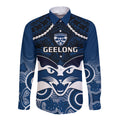 Geelong Football Long Sleeve Button Shirt Go Cats Aboriginal Mix Polynesian Pattern LT14