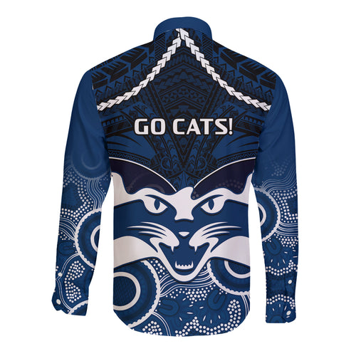 Geelong Football Long Sleeve Button Shirt Go Cats Aboriginal Mix Polynesian Pattern LT14