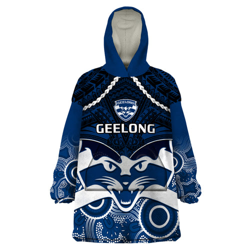 Geelong Football Wearable Blanket Hoodie Go Cats Aboriginal Mix Polynesian Pattern LT14