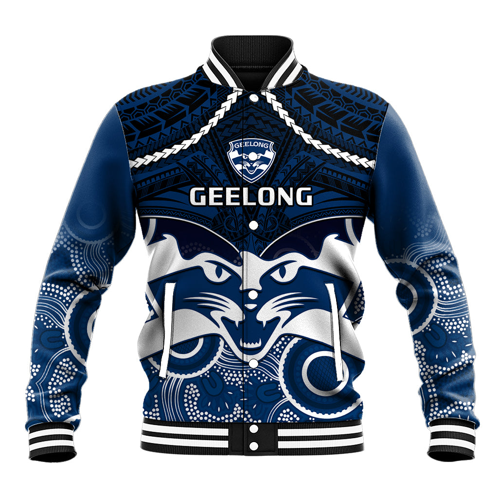 Personalised Geelong Football Baseball Jacket Go Cats Aboriginal Mix Polynesian Pattern LT14