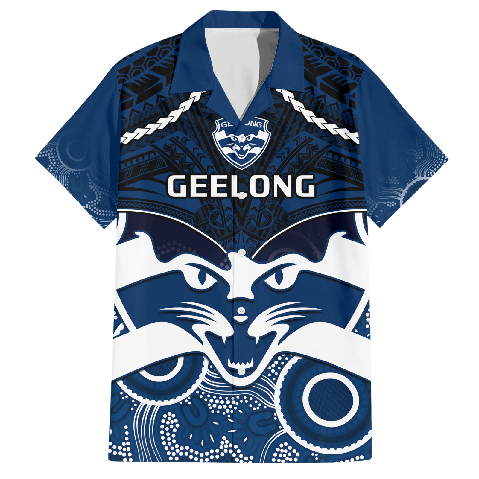 Personalised Geelong Football Hawaiian Shirt Go Cats Aboriginal Mix Polynesian Pattern LT14