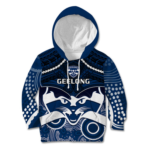 Personalised Geelong Football Kid Hoodie Go Cats Aboriginal Mix Polynesian Pattern LT14