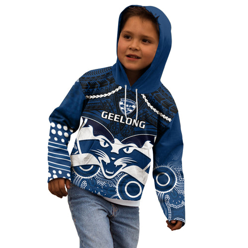 Personalised Geelong Football Kid Hoodie Go Cats Aboriginal Mix Polynesian Pattern LT14