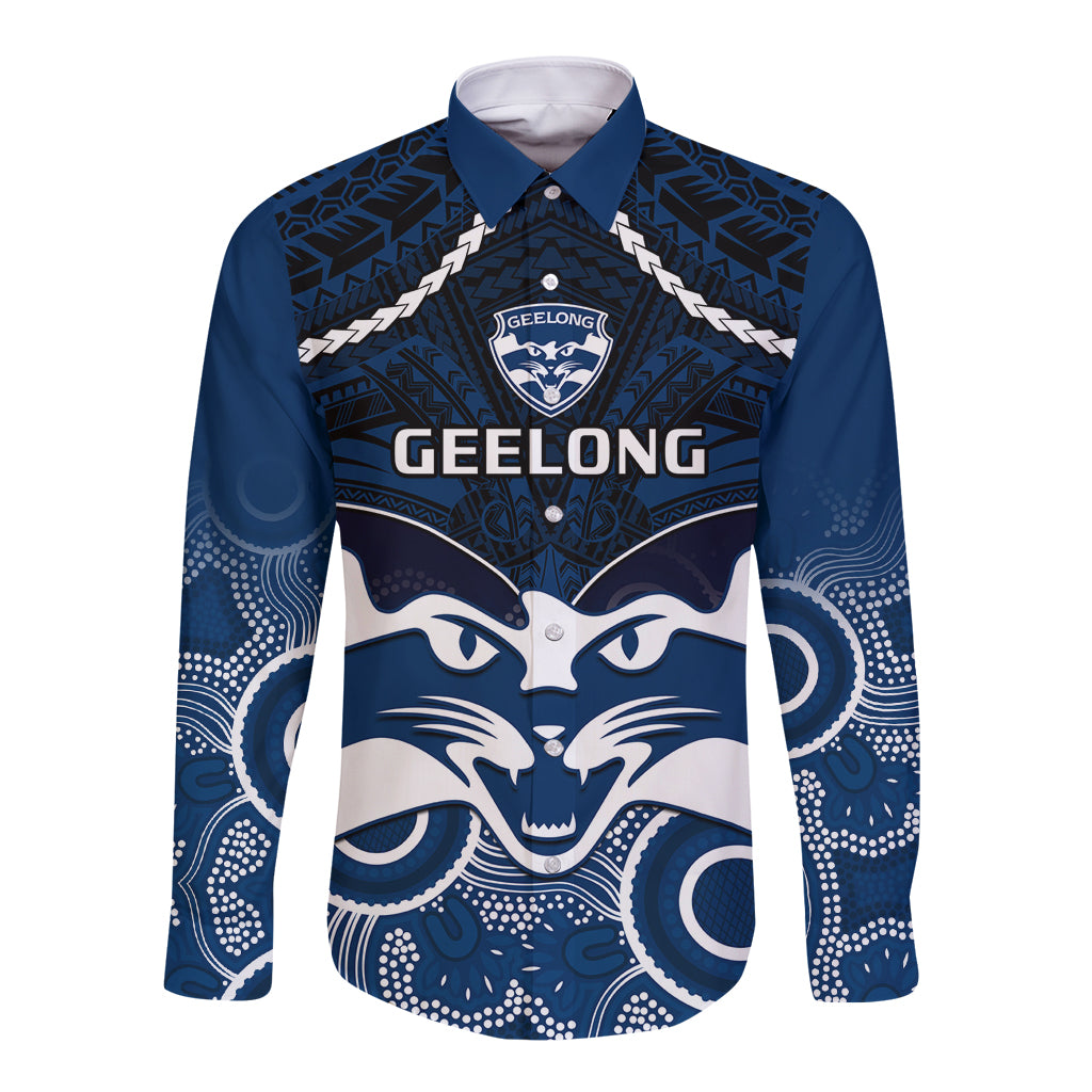 Personalised Geelong Football Long Sleeve Button Shirt Go Cats Aboriginal Mix Polynesian Pattern LT14