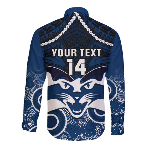 Personalised Geelong Football Long Sleeve Button Shirt Go Cats Aboriginal Mix Polynesian Pattern LT14
