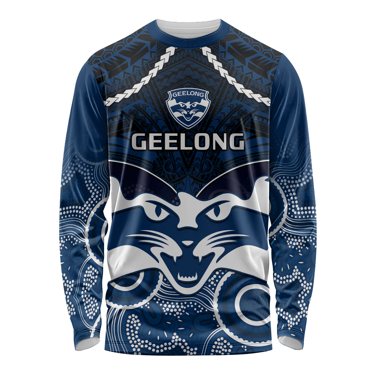 Personalised Geelong Football Long Sleeve Shirt Go Cats Aboriginal Mix Polynesian Pattern LT14