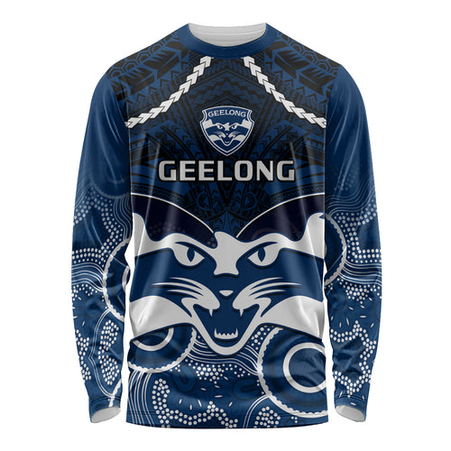Personalised Geelong Football Long Sleeve Shirt Go Cats Aboriginal Mix Polynesian Pattern LT14