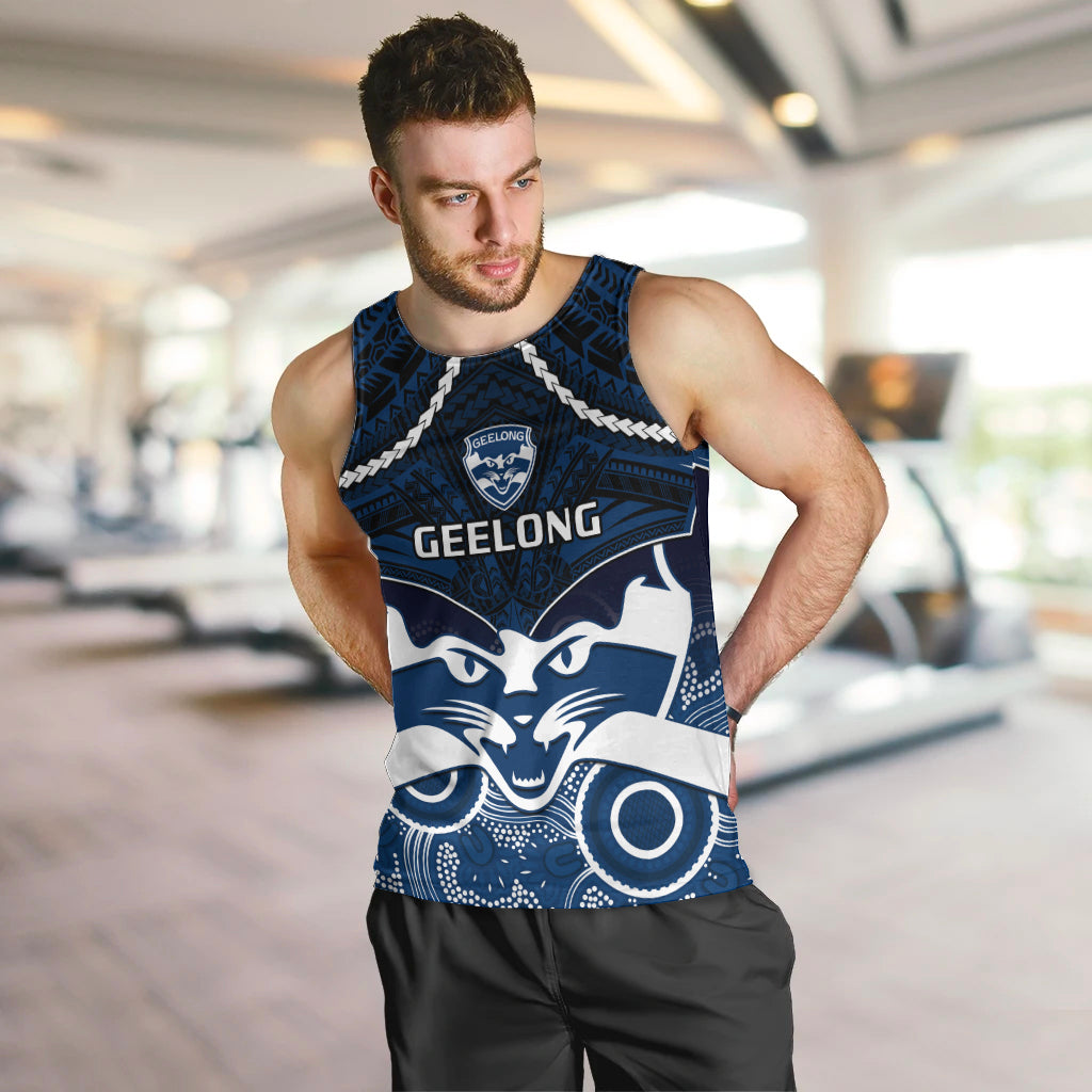 Personalised Geelong Football Men Tank Top Go Cats Aboriginal Mix Polynesian Pattern LT14